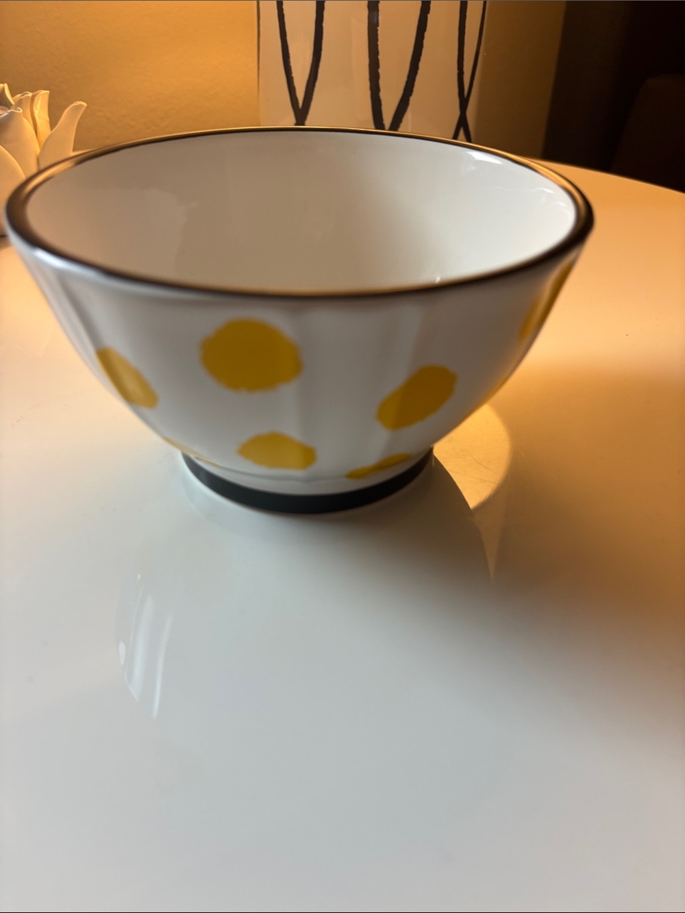 White Ceramic Bowl with Yellow Polka Dots. Made in Portugal. Like new condition!